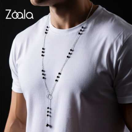 Three Onyx beads & Silver Necklace