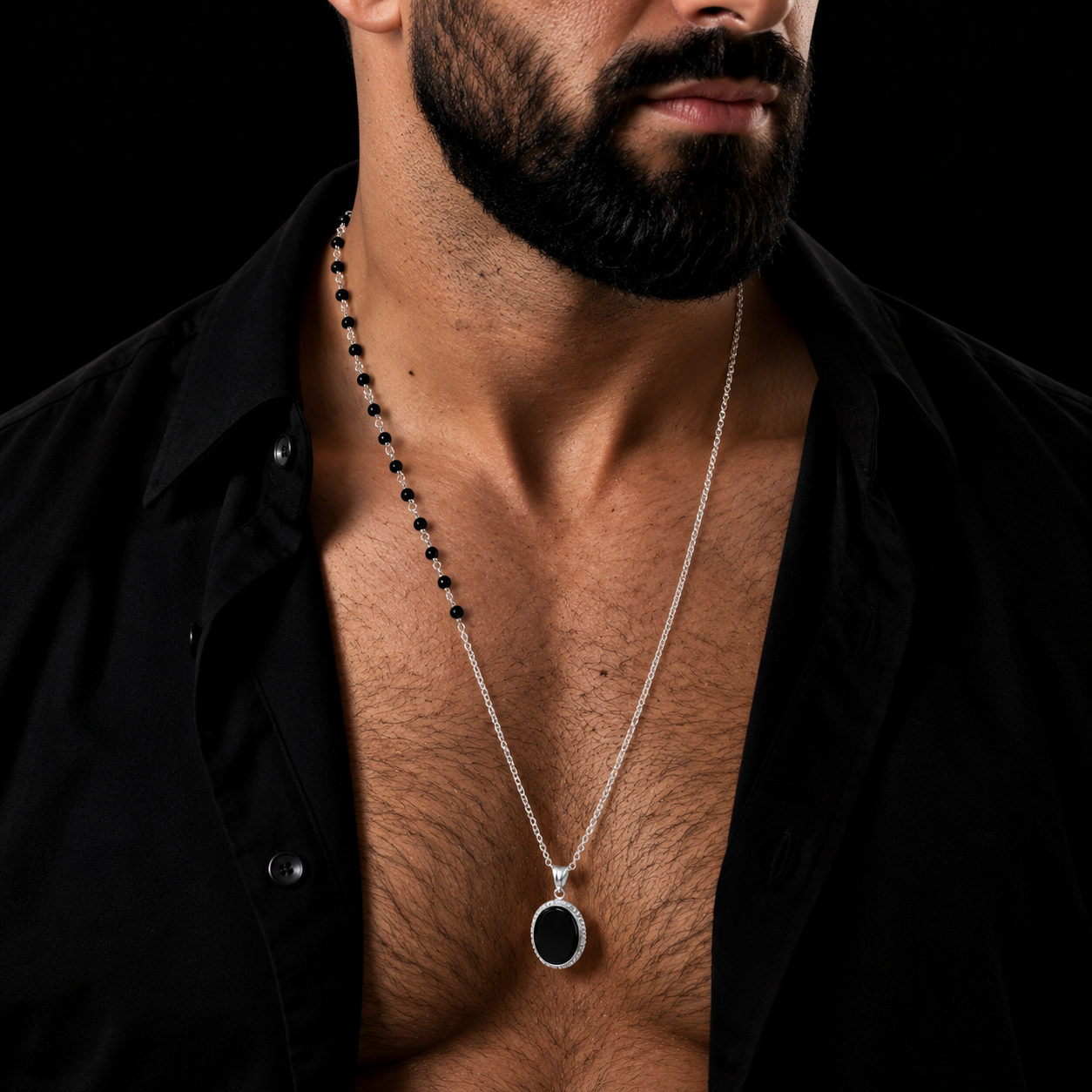 1 22 black Onyx beads hand knotted into a silver chain with a hand made pendant. - Image 1